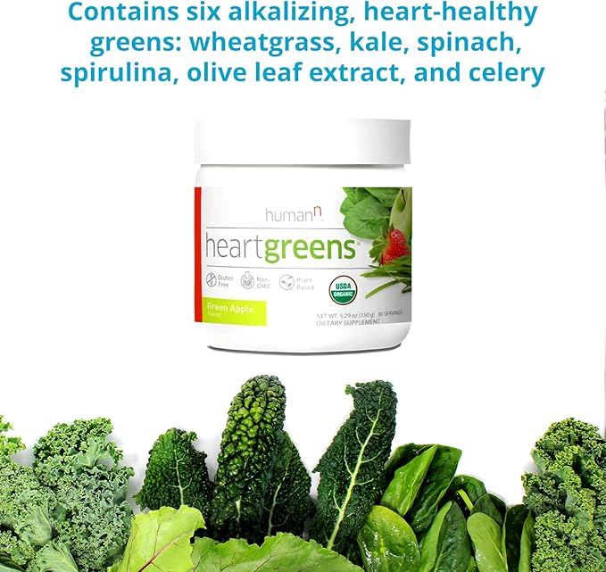 HumanN HeartGreens | Superfood Organic Powder with Wheatgrass, Kale, Spinach, and Spirulina, USDA Organic Non-GMO, from The Makers of SuperBeets (Green Apple Flavor, 5.29-Ounce