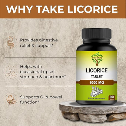 1000 mg Licorice Chewable Tablets | Digestive Support & Relief for Men & Women | Herbal Supplement for Heartburn and Upset Stomach | Non-GMO, Gluten Free | 90 Tablets, 45 Days Supply