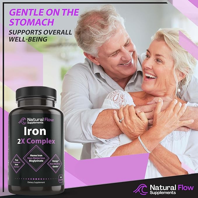 Iron Supplement 2-in-1 Complete Complex - Natural Flow 2X Heme and Chelated Non Heme Iron Bisglycinate, Folate, B and Vitamin C, for Anemia and Blood Building Support, Gentle on Stomach, 90 Caps