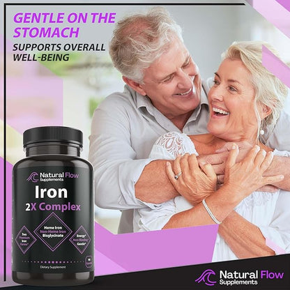 Iron Supplement 2-in-1 Complete Complex - Natural Flow 2X Heme and Chelated Non Heme Iron Bisglycinate, Folate, B and Vitamin C, for Anemia and Blood Building Support, Gentle on Stomach, 90 Caps