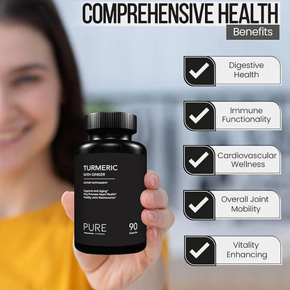 Turmeric and Ginger Supplements - 90 Vegetarian Capsules | Digestive Health & Joint Support Supplement | Organic Turmeric Curcumin Supplement with Black Pepper Extract