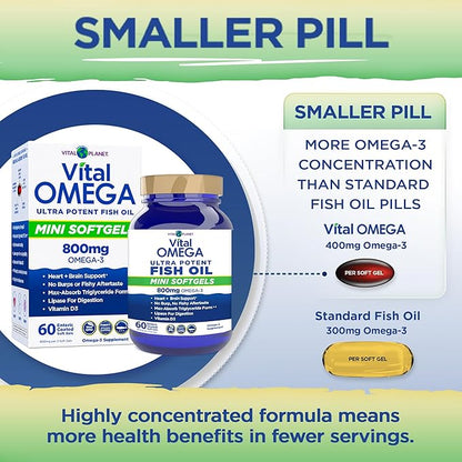 Vital Planet - Vital Omega 3 Fish Oil Mini Softgels Supplement with 800mg of High Potency Wild Caught Omega 3 Fatty Acid Supplements EPA DHA and DPA for Heart Health 60 Softgels (Packaging May Vary)