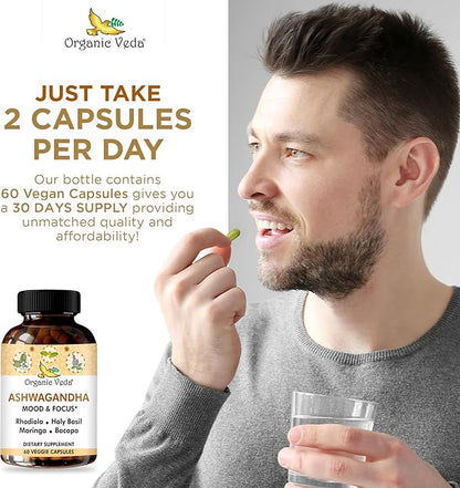 Organic Veda Ashwagandha Mood Support Supplement 1200mg, with Organic Ashwagandha Root, Bacopa, Rhodiola Rosea, Holy Basil, Moringa, Focus & Energy Support - 60 Vegan Capsules
