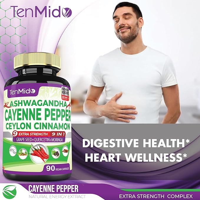 Cayenne Pepper Supplements Capsules, 3 Months Supply & Ashwagandha, Ceylon Cinnamon, Grape Seed, Quercetin, Moringa, Ginkgo Biloba - Heart Wellness, Promotes Digestive Health -90 Caps