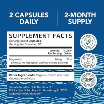 Magnesium Glycinate 500mg | Chelated for High Absorption | Muscle Relaxation, Bones, Heart, Nerve, Sleep & Calm Support for Women & Men | Magnesium Chelate Supplement & Bisglycinate Complex | 60ct