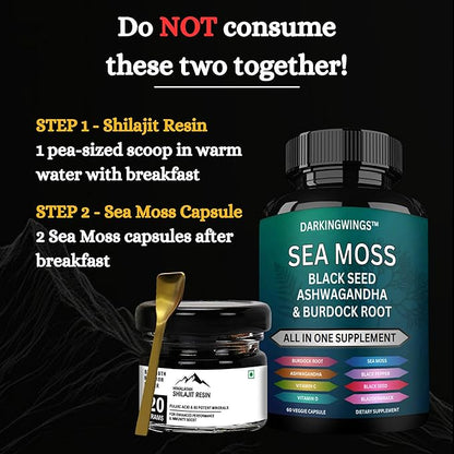 Sea Moss & Shilajit Vitality Bundle - Shilajit 500mg, Sea Moss 3000mg, Black Seed Oil 2000mg, Ashwagandha 1000mg, Burdock root & Bladderwrack for Men & Women All in 1 Supplement - 30 days Capsule