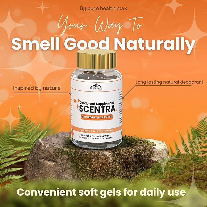 Scentra Deodorizing Supplement | Chlorophyll Capsules for Women and Men, Full Body Deodorant Pills | Natural Internal Odor Defeat Supplements, 60 Tablets for Breath, Underarm, Skin with Mint & Parsley