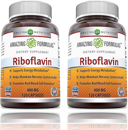 Amazing Formulas Riboflavin 400 mg Capsules | Vitamin B2 Supplement | Non-GMO | Gluten Free | Made in USA (120 Count | 2 Pack)
