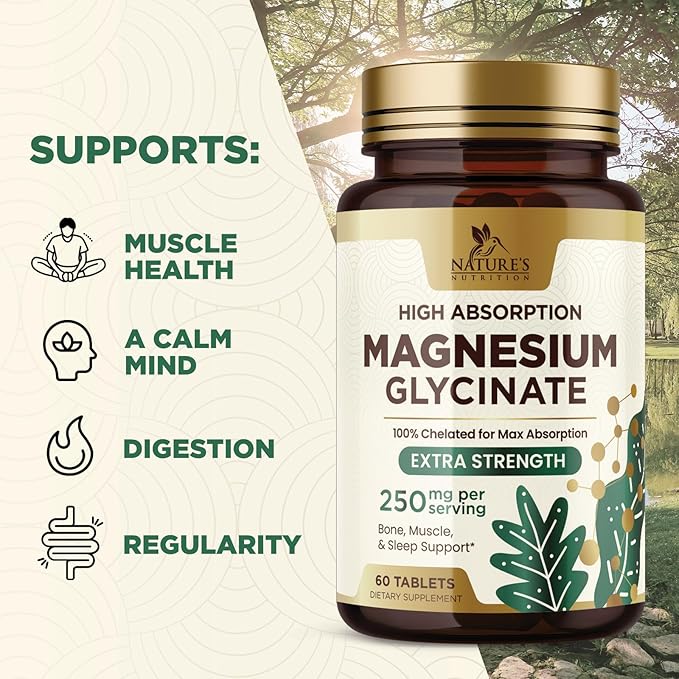 Magnesium Glycinate 250 mg, 100% Chelated Magnesium Supplement - High Absorption Magnesium for Muscle, Heart, Bone and Nerve Health Support, Nature's Gluten Free, Vegan, Non-GMO Capsules - 60 Count