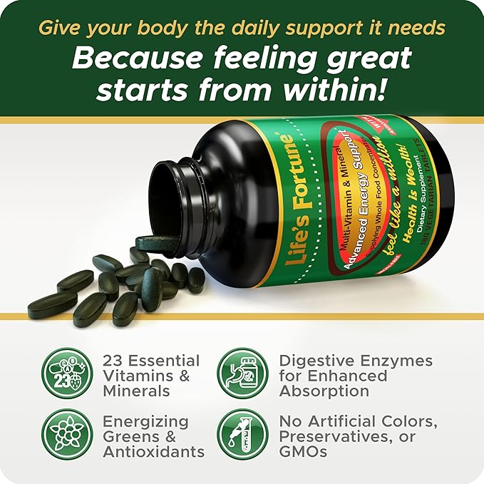 Life's Fortune Multivitamin & Mineral, All Natural Energy Source for Men & Women Supplying Whole Food Concentrates, Antioxidants, Amino Acids, Enzymes, Trace Minerals & More, 180 Tab
