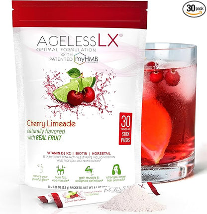 Powder Supplement for Women - with HMB Collagen Enhancer Plus Vitamin D3 with K2, Horsetail and Biotin for Lean Muscle and Stronger Hair and Nails - 30 Powder Packets, Cherry Limeade