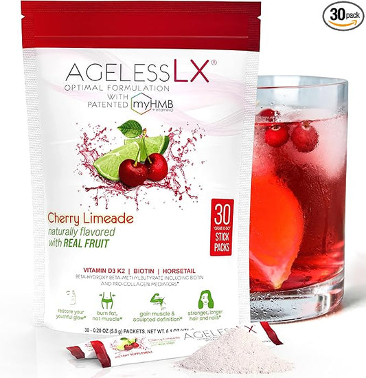 Powder Supplement for Women - with HMB Collagen Enhancer Plus Vitamin D3 with K2, Horsetail and Biotin for Lean Muscle and Stronger Hair and Nails - 30 Powder Packets, Cherry Limeade