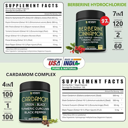 Bundle 7in1 Berberine HCl 97% 120 Count & 4in1 Cardamom Capsules 100 Count - Support Immune, Digestion, Heart Health, and Natural Wellness