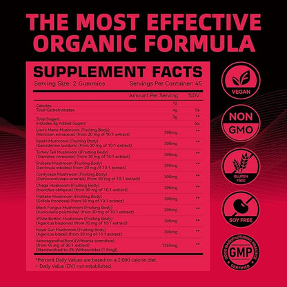 Mushroom Gummies - 10x Mushroom Supplement with Ashwagandha and Lions Mane (90 Chews) Nootropic Brain Supplement, Immune Support & Stress Relief-Raspberry Flavor