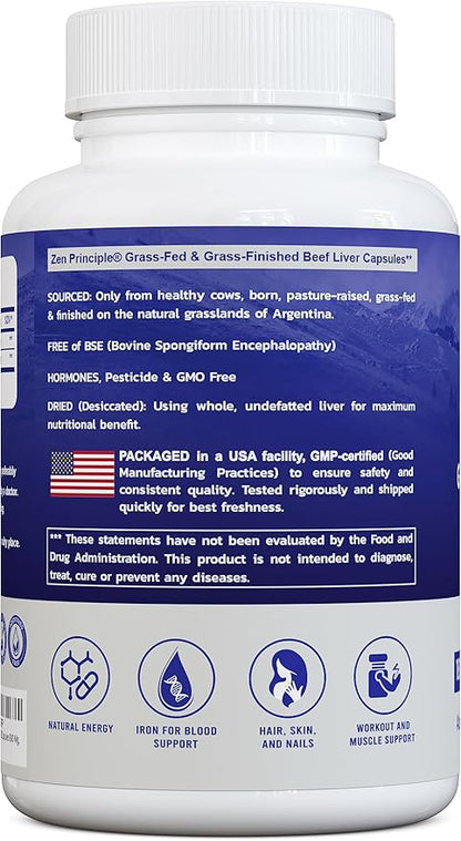 Zen Principle Beef Liver Supplement Grass-Fed, Pasture-Raised Cows. Desiccated Liver Supplement, No Hormones or GMO. Natural Energy from Iron, Protein, Vitamins. 2-Pack, 360 Capsules.