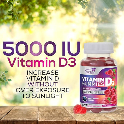 Vitamin D3 Gummies Extra Strength 5000 IU (125 mcg) - Immune Support, Bone, Teeth and Muscle Vitamin D Gummy Dietary Supplement, Nature's Berry Vitamin D Supplement, Raspberry, Non-GMO - 120 Gummies