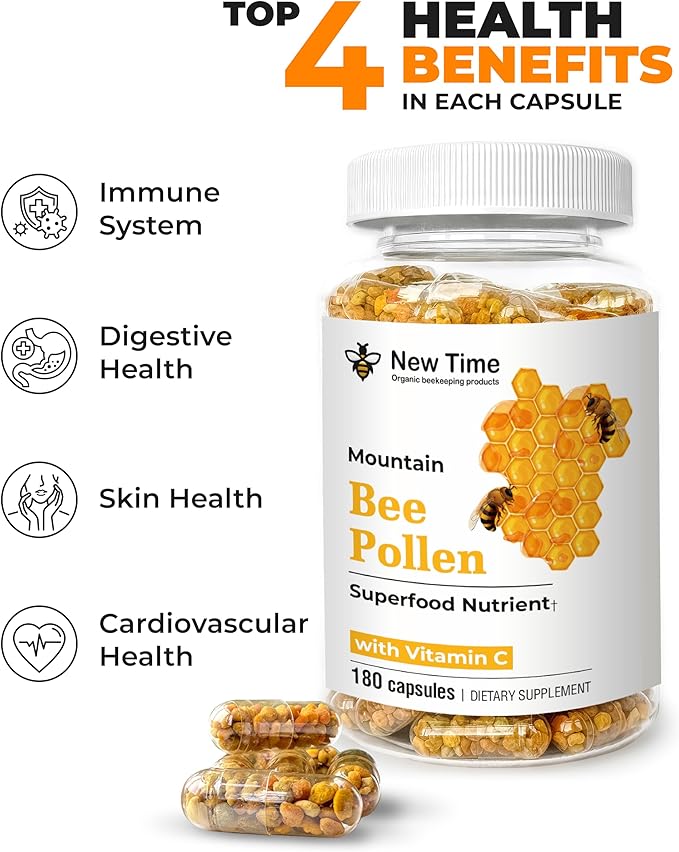 Bee Pollen 180 Capsules – Organic Supplement for Energy, Vitality, Wellness, Rich in Vitamins, Immune Support & Nutrient Boost, Premium for Men & Women, 100% Pure & Natural for Breast Growth