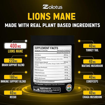 Zolotus Lions Mane Mushroom Capsules with Cordeyceps, Elderberry, Ginkgo Biloba, Bacopa - 60 Capsules
