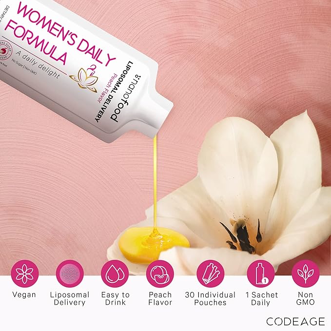 Codeage Liposomal Women's Daily Vitamins Liquid Pouch Formula, Vegan Omega-3 Liquid Multivitamin Supplement, Biotin, Vitamins A, B, C, D, E, Riboflavin, Berry - Non-GMO - 30 Pouches