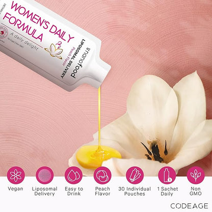 Codeage Liposomal Women's Daily Vitamins Liquid Pouch Formula, Vegan Omega-3 Liquid Multivitamin Supplement, Biotin, Vitamins A, B, C, D, E, Riboflavin, Berry - Non-GMO - 30 Pouches
