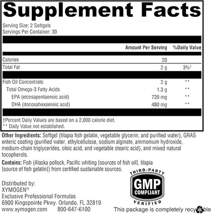XYMOGEN OmegaPure 600 EC - International Fish Oil Standards (IFOS) Five-Star Certified Enteric-Coated Fish Oil - DHA EPA Omega-3 Supplement for Cardiovascular + Cognitive Support (60 Softgels)