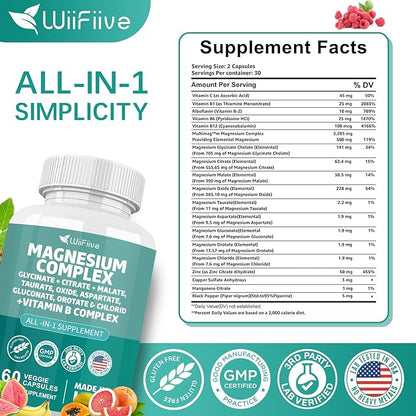 Magnesium Complex Supplement, Clycinate 141mg Oxide 228mg Malate 58.5mg Citrate 62.4mg with Orotate Glycina Taurate Chloride Aspartate Gluconate Vitamin B, Max Absorption, Gluten-Free, Non-GMO