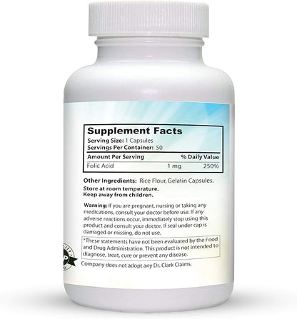 Dr. Clark Folic Acid (Vitamin B9) Supplement – 1mg, 50 Gelatin Capsules, Supports Healthy Pregnancy & Cell Growth