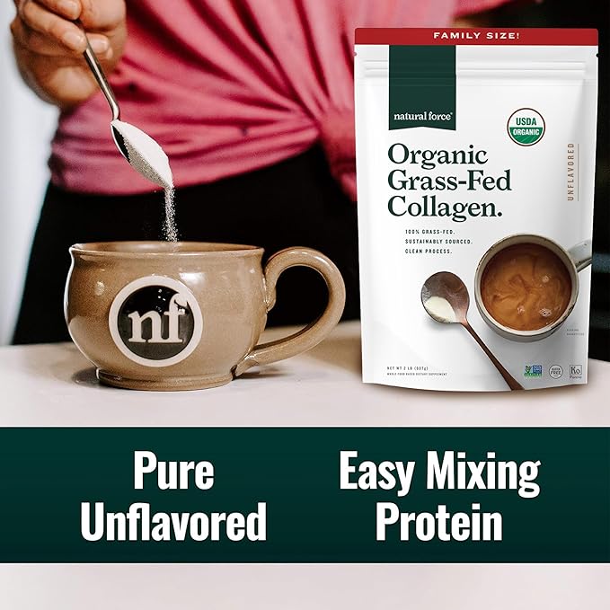 Natural Force Organic Clean Collagen Peptides Powder - USDA Certified Organic & Non-GMO, Keto & Paleo Certified - Hydrolyzed Type I & III Protein Powder with Essential Amino Acids – Unflavored, 32oz