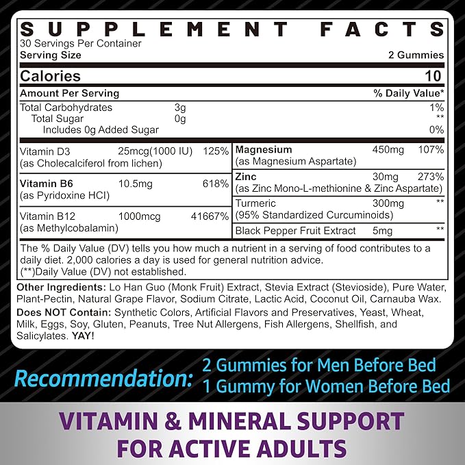 Zinc and Magnesium Supplement, Zinc Magnesium Aspartate Post Workout Gummies for Men Women, w/Vitamin B6, B12, D3, Turmeric for Nighttime Muscle Recovery, Boost Immunity & Sleep, Sugar Free, 60Cts