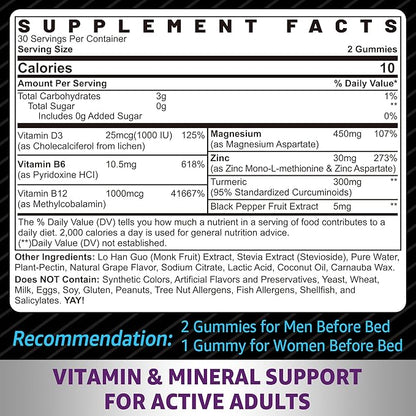 Zinc and Magnesium Supplement, Zinc Magnesium Aspartate Post Workout Gummies for Men Women, w/Vitamin B6, B12, D3, Turmeric for Nighttime Muscle Recovery, Boost Immunity & Sleep, Sugar Free, 60Cts