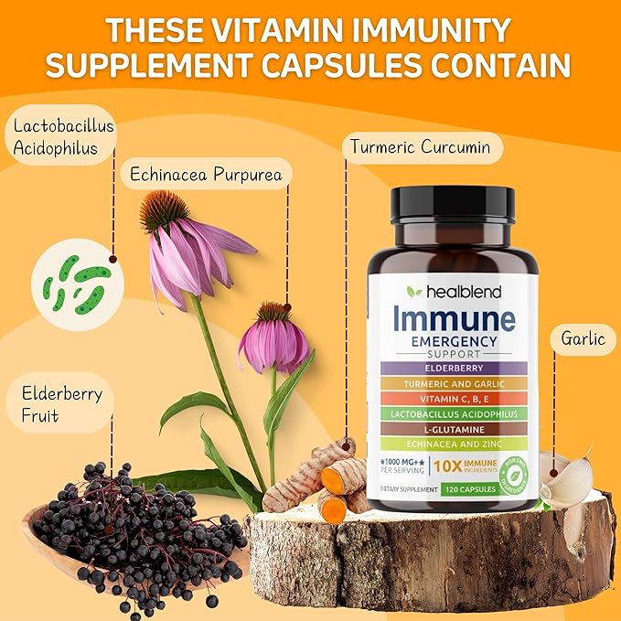 10 in 1 Immune Support Supplement Booster with Elderberry, Zinc, Echinacea, Turmeric, Lactobacillus Acidophilus, for Adults [120 Capsules]