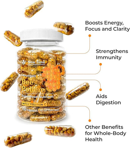 Bee Pollen Capsules – Organic Supplement for Pregnancy Support, Energy, Vitality, Wellness, Rich in Vitamins, Immune & Nutrient Boost, Premium for Men & Women, 100% Pure & Natural for Breast Growth