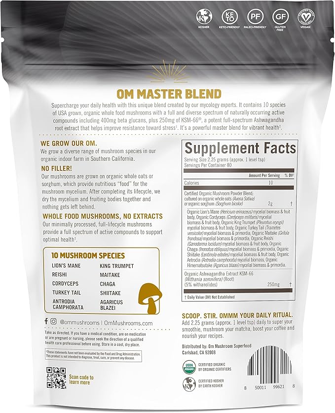 Om Mushroom Master Blend, Organic 10 Mushroom Complex & Adaptogens Powder, Reishi & Lions Mane - 6.2 oz