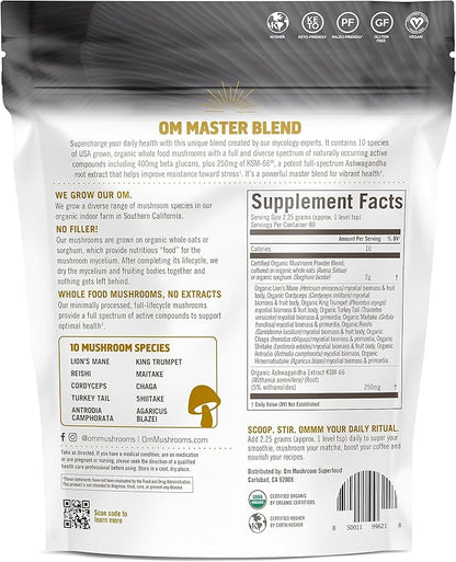 Om Mushroom Master Blend, Organic 10 Mushroom Complex & Adaptogens Powder, Reishi & Lions Mane - 6.2 oz