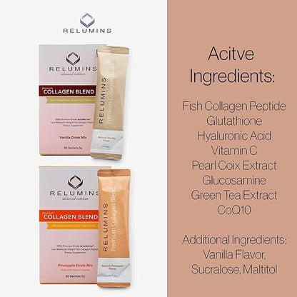Relumins Marine Collagen Powder Drink Mix - Collagen Peptide with Glutathione, Green Tea, CoQ10, & Hyaluronic Acid Boosts Smooth Glowing Skin - 10 Powder Sachets x Vanilla Flavored