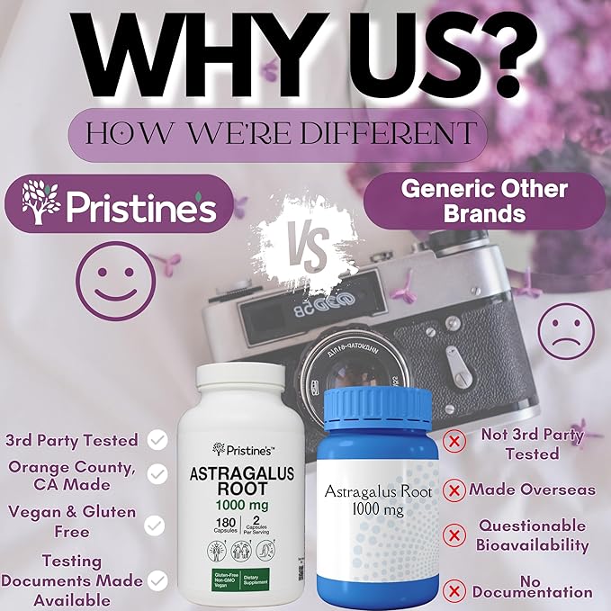 PRISTINE'S Astragalus Root Immune Support Supplement Capsules -1000mg 90 Day Supply Herbal Adaptogen - Healthy Aging, Heart & Lung Health
