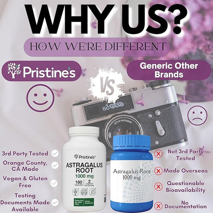 PRISTINE'S Astragalus Root Immune Support Supplement Capsules -1000mg 90 Day Supply Herbal Adaptogen - Healthy Aging, Heart & Lung Health