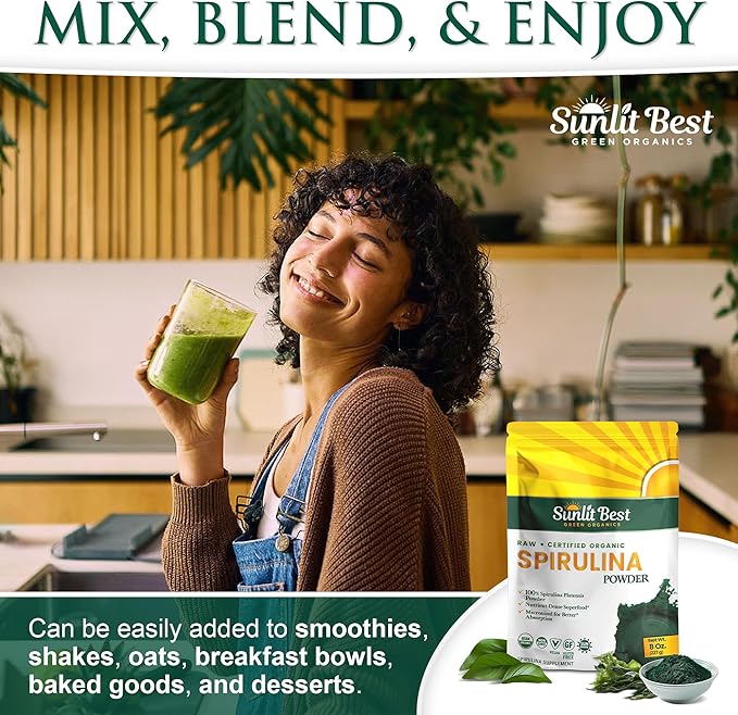 Sunlit Best Spirulina Powder Organic USDA - Chlorophyll, Fast Absorption, Blue-Green Spirulina Algae, Raw Vegan Protein - Non-GMO, Gluten Free Superfood Energy, Gut, Immune Support Supplement - 8 Oz