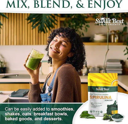 Sunlit Best Spirulina Powder Organic USDA - Chlorophyll, Fast Absorption, Blue-Green Spirulina Algae, Raw Vegan Protein - Non-GMO, Gluten Free Superfood Energy, Gut, Immune Support Supplement - 8 Oz