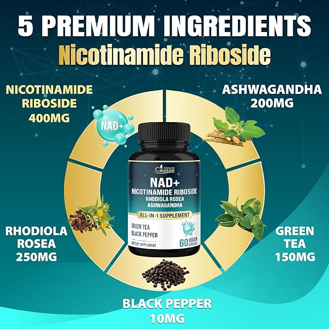 Organic Cadane Nicotinamide Riboside Supplement | with Rhodiola Rosea, Ashwagandha, Green Tea & More | Cellular Health & Vitality Support | Vegan, Non-GMO – 60 Capsules