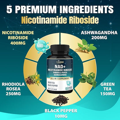 Organic Cadane Nicotinamide Riboside Supplement | with Rhodiola Rosea, Ashwagandha, Green Tea & More | Cellular Health & Vitality Support | Vegan, Non-GMO – 60 Capsules