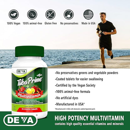 DEVA Tuba Prime Vegan Multivitamin Iron-Free - High-Potency Vitamin & Mineral Dietary Supplement - Antioxidants, Fruit & Vegetable Blend, Super Mushrooms, Probiotics, Prebiotics, Seeds, Herbs 90 Tabs