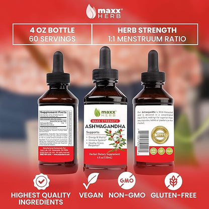 Maxx Herb Ashwagandha Extract – Max Strength Liquid Tincture Absorbs Better Than Capsules or Powder - for Stamina, Memory, and Immune Support – 4 Bottles, 4 Oz Each (240 Servings)