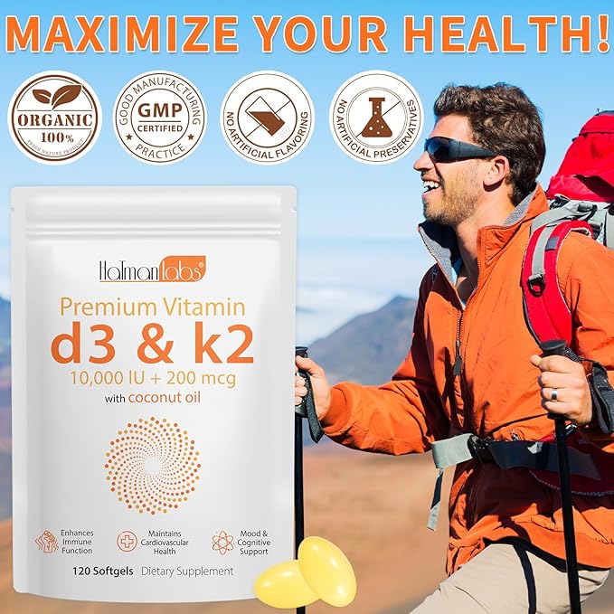Vitamin D3 K2 Supplement Softgel,2-in-1 Micro Ingredients Vitamin D3 10000 IU + 200 MCG Vitamin K2,Coconut Oil Softgels,Free of GMO, Supplement Softgel (120Pcs)