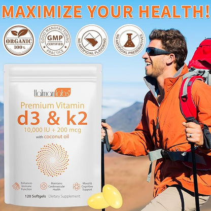 Vitamin D3 K2 Supplement Softgel,2-in-1 Micro Ingredients Vitamin D3 10000 IU + 200 MCG Vitamin K2,Coconut Oil Softgels,Free of GMO, Supplement Softgel (120Pcs)