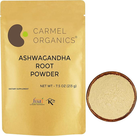 CARMEL ORGANICS Ashwagandha Root Powder 7.5 Ounce, Non GMO & Gluten Free, Natural, Withania Somnifera from India, No Added Presrvatives