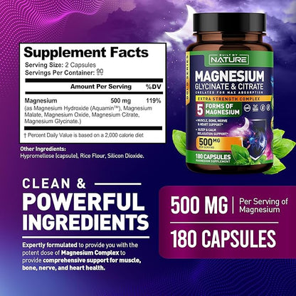 Magnesium Complex 500mg - 5 Forms of Magnesium Glycinate, Citrate, Malate, Oxide & Aquamin with 72 Trace Minerals - Chelated for Absorption - Supplement for Muscle, Nerve, Heart & Sleep (180 Capsules)