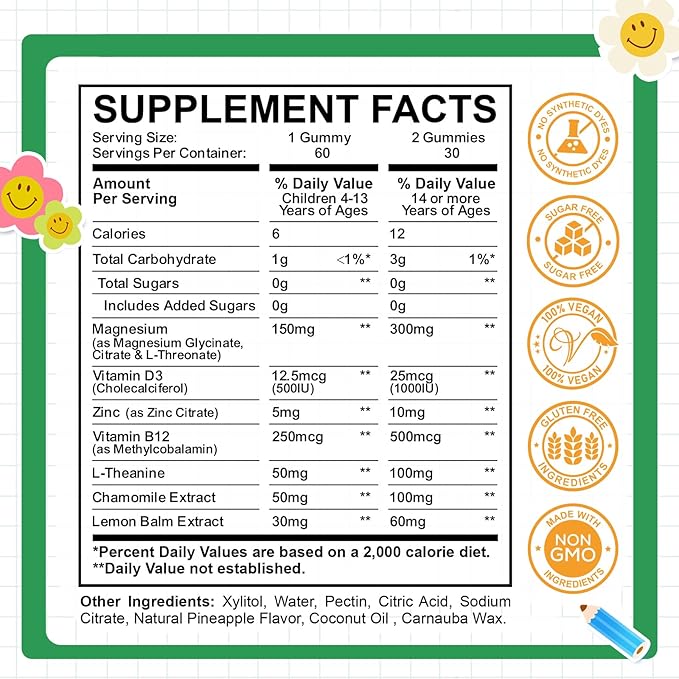 Kids Magnesium Glycinate Gummies with Magnesium Citrate, L-Threonate Supplement for Kids & Adults, with Zinc, Vitamin D3, B12, L-Theanine for Sleep Calm Bone & Muscle Mood, Pineapple 60ct
