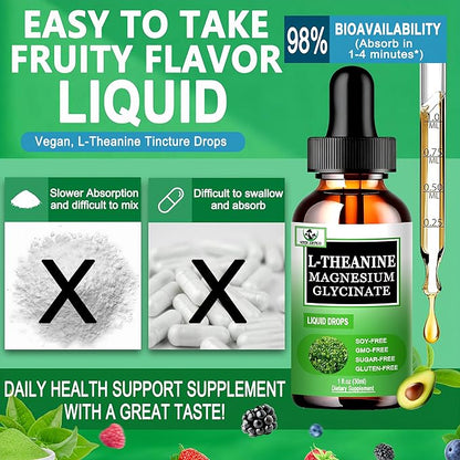 L Theanine Drops, Liquid L-Theanine Supplement 200mg w/Magnesium Glycinate,Vitamins,Fiber for Relaxation,Sleep,Digestion, Calm,High Absorption Mood Support for Adults & Kids,Plant Based,Non-GMO