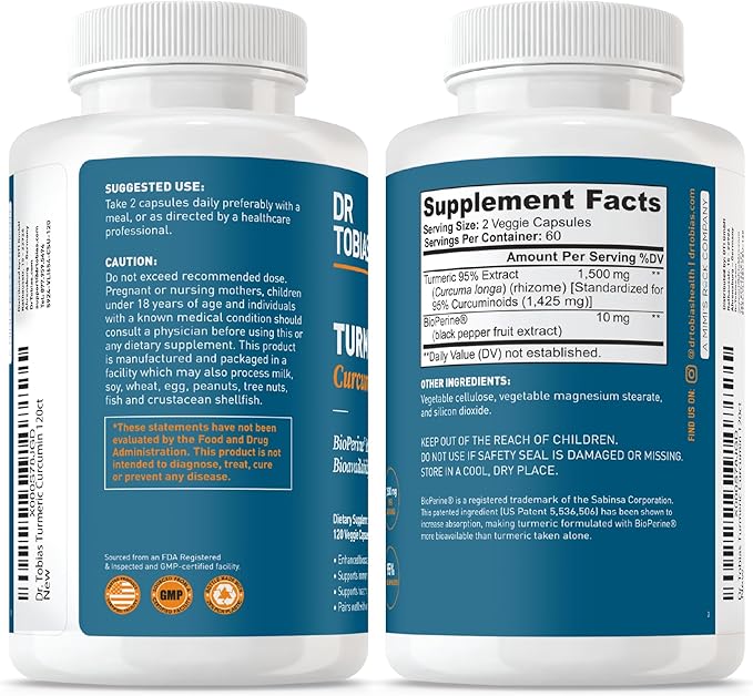 Dr. Tobias Turmeric Curcumin 1500mg with BioPerine – Extra Strength Supplement with 95% Curcuminoids for Joint Support, Overall Vitality & Immune Health, 120 Vegan Capsules, Non-GMO